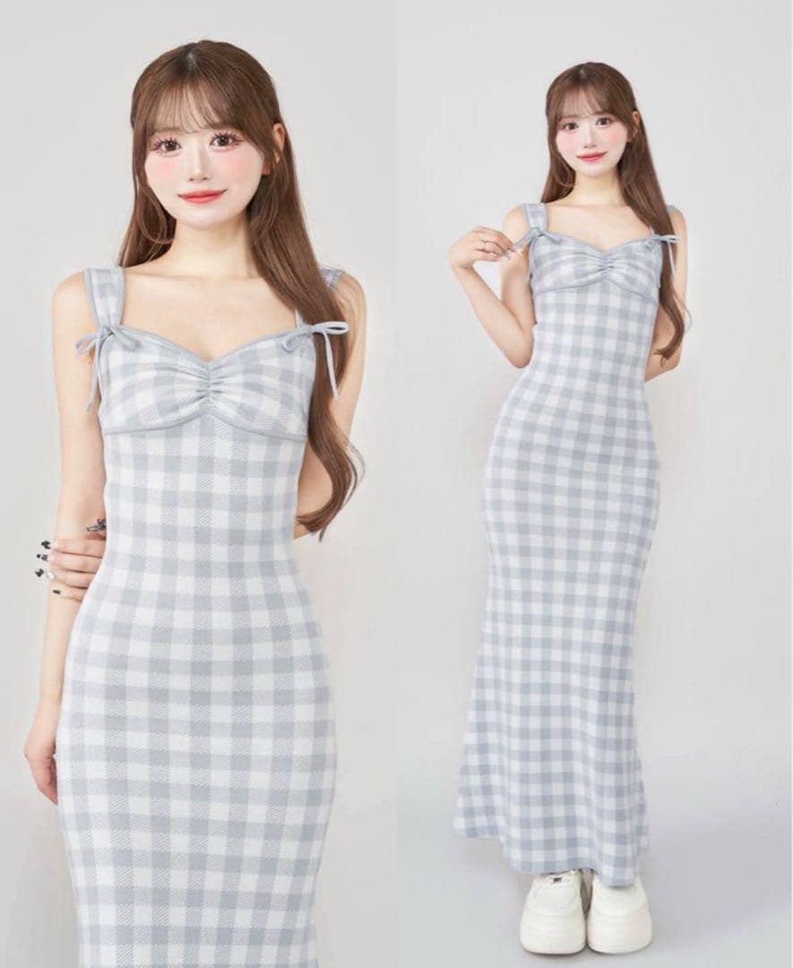 ダーリッチ　ギンガムジャガードニットロングワンピース FS SAX