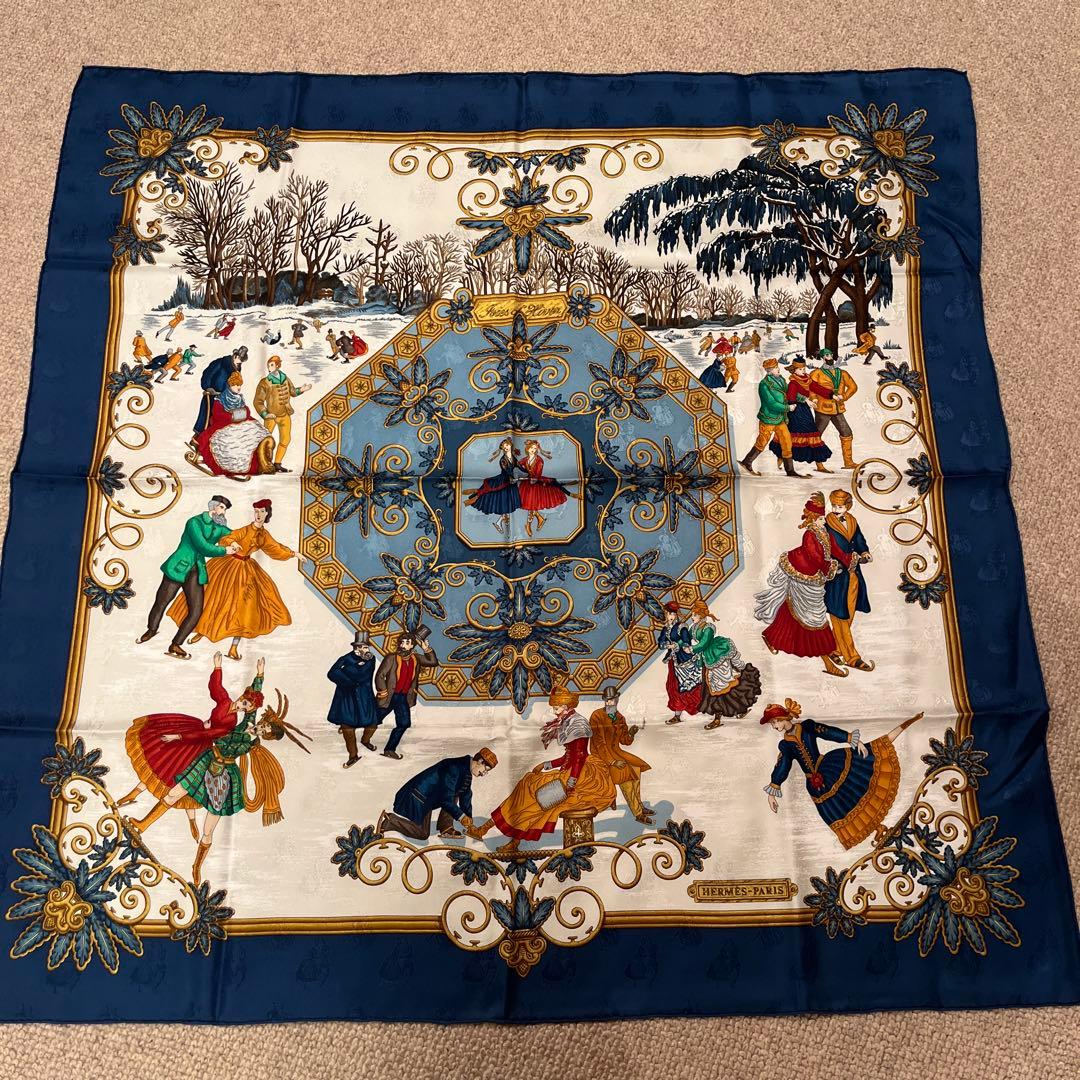 エルメス　90x90 冬のスケートデザイン スカーフ